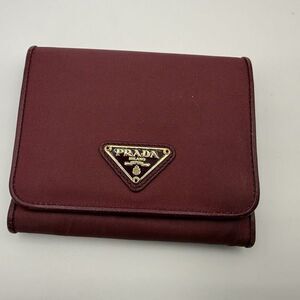 Authentic PRADA Milano Burgundy Saffiano Leather Tri Fold Wallet Snap Coin